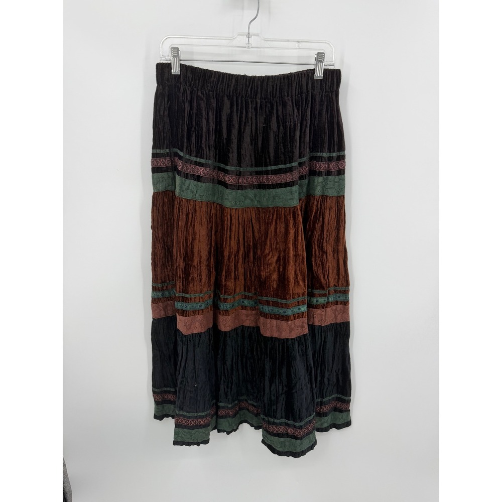 Unbranded Tiered Velvet Maxi Skirt Women L Brown Boho Lace Trim Embroidered